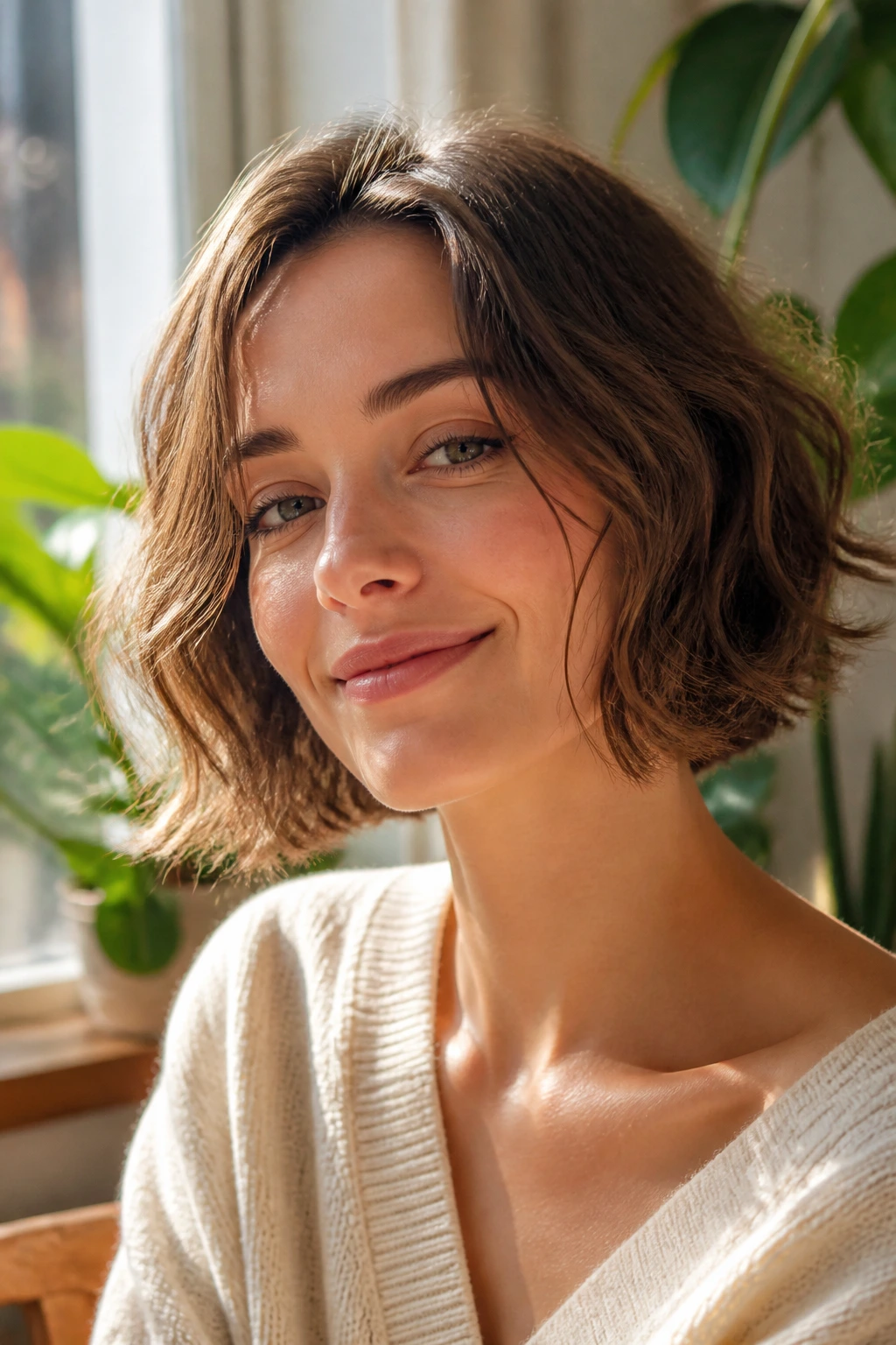 Real woman with Air-Dry Bob showing natural texture in morning light.