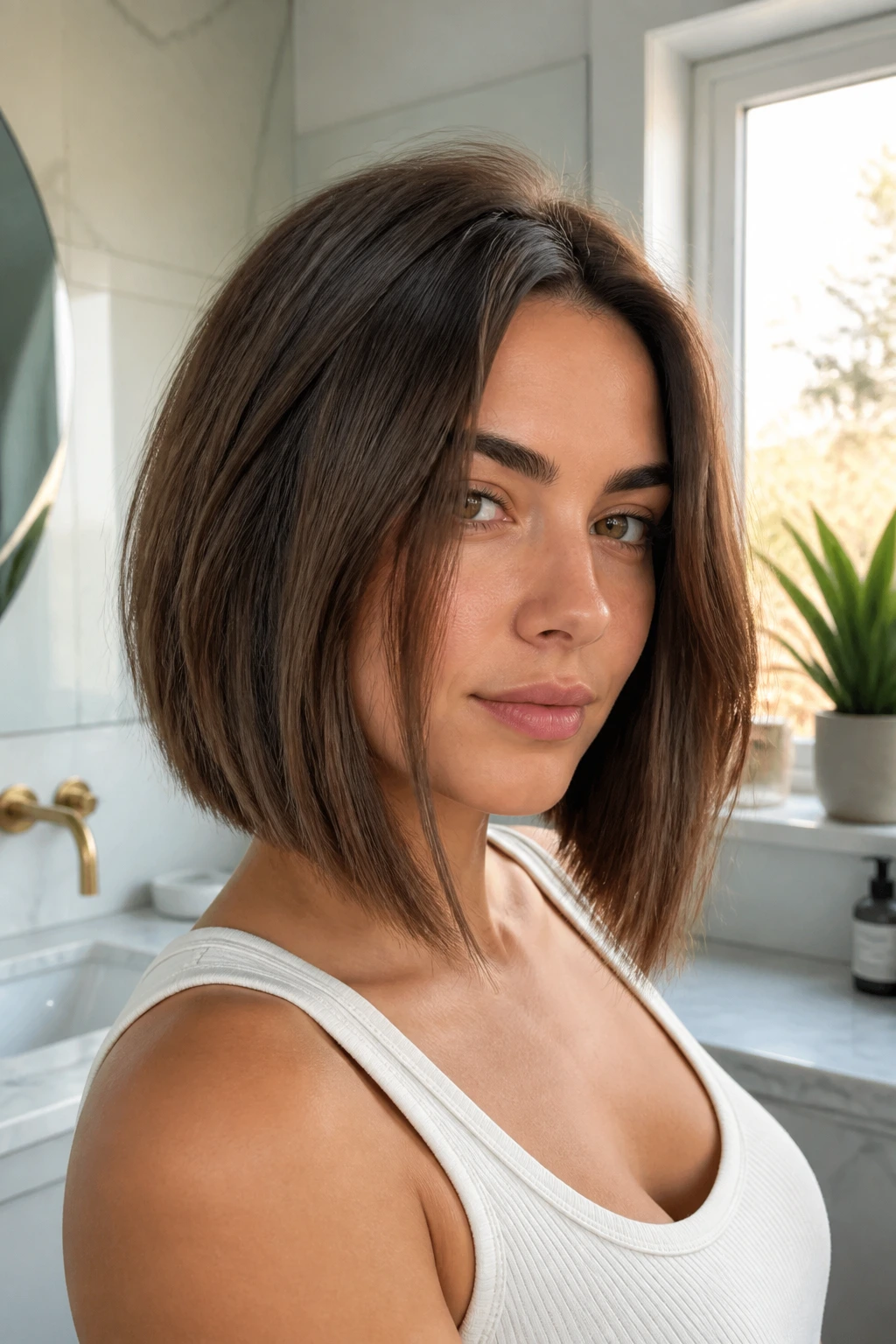 Close-up portrait of a real woman with a polished air-dry bob