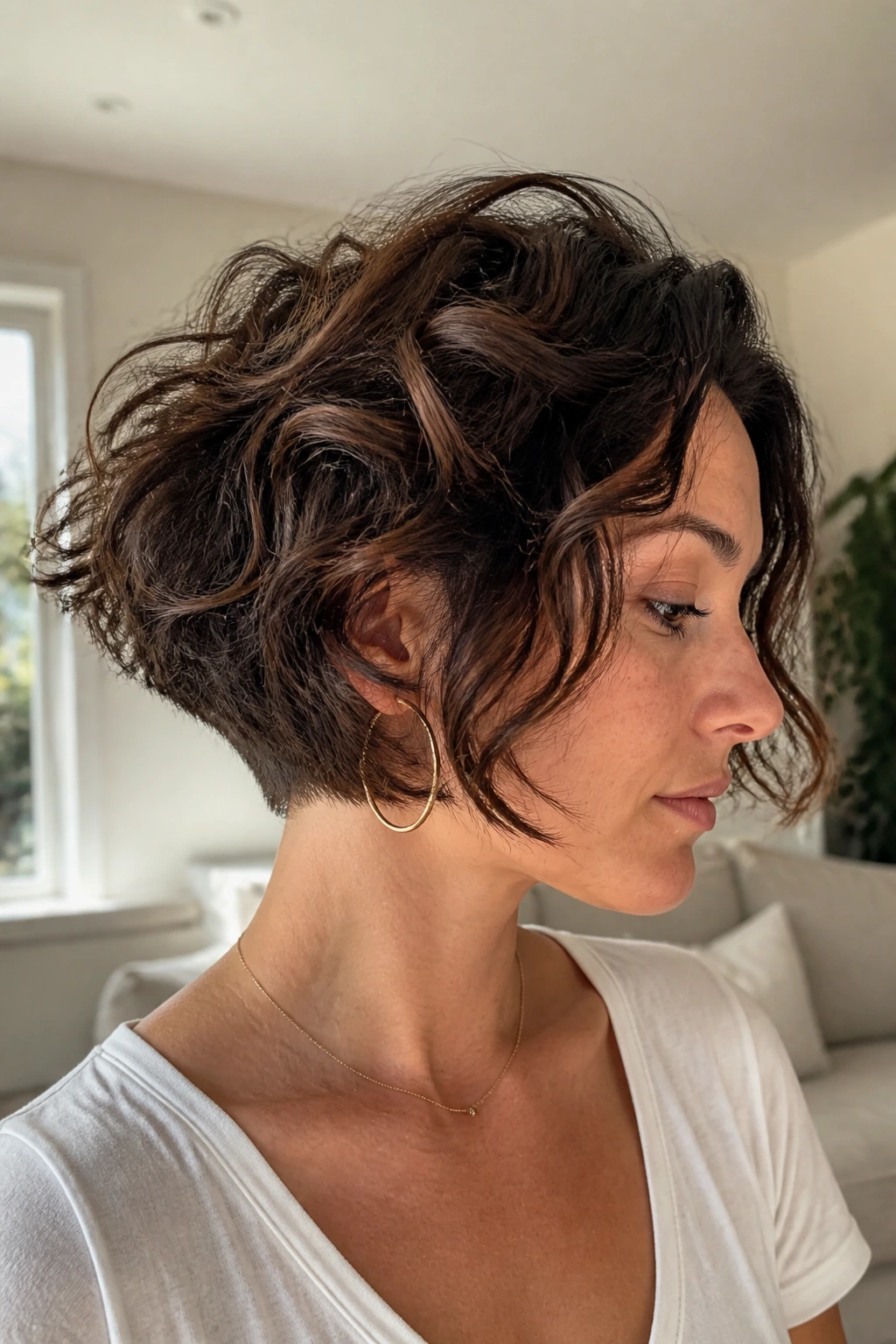 Real woman with air-dry bob and soft undercut in bright living room
