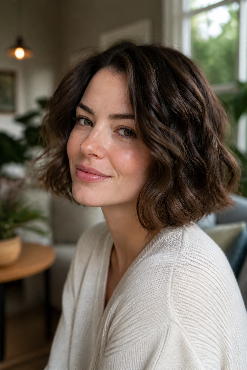 Portrait of a real woman with an air-dry bob showing soft internal shaping.