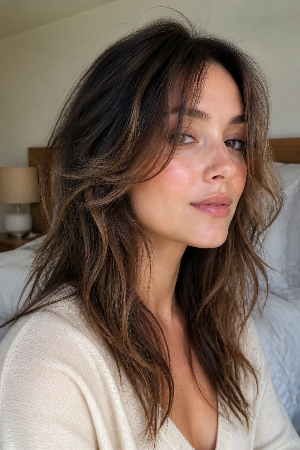Close-up of a real woman with an air-dry butterfly haircut and loose face framing, soft natural waves.