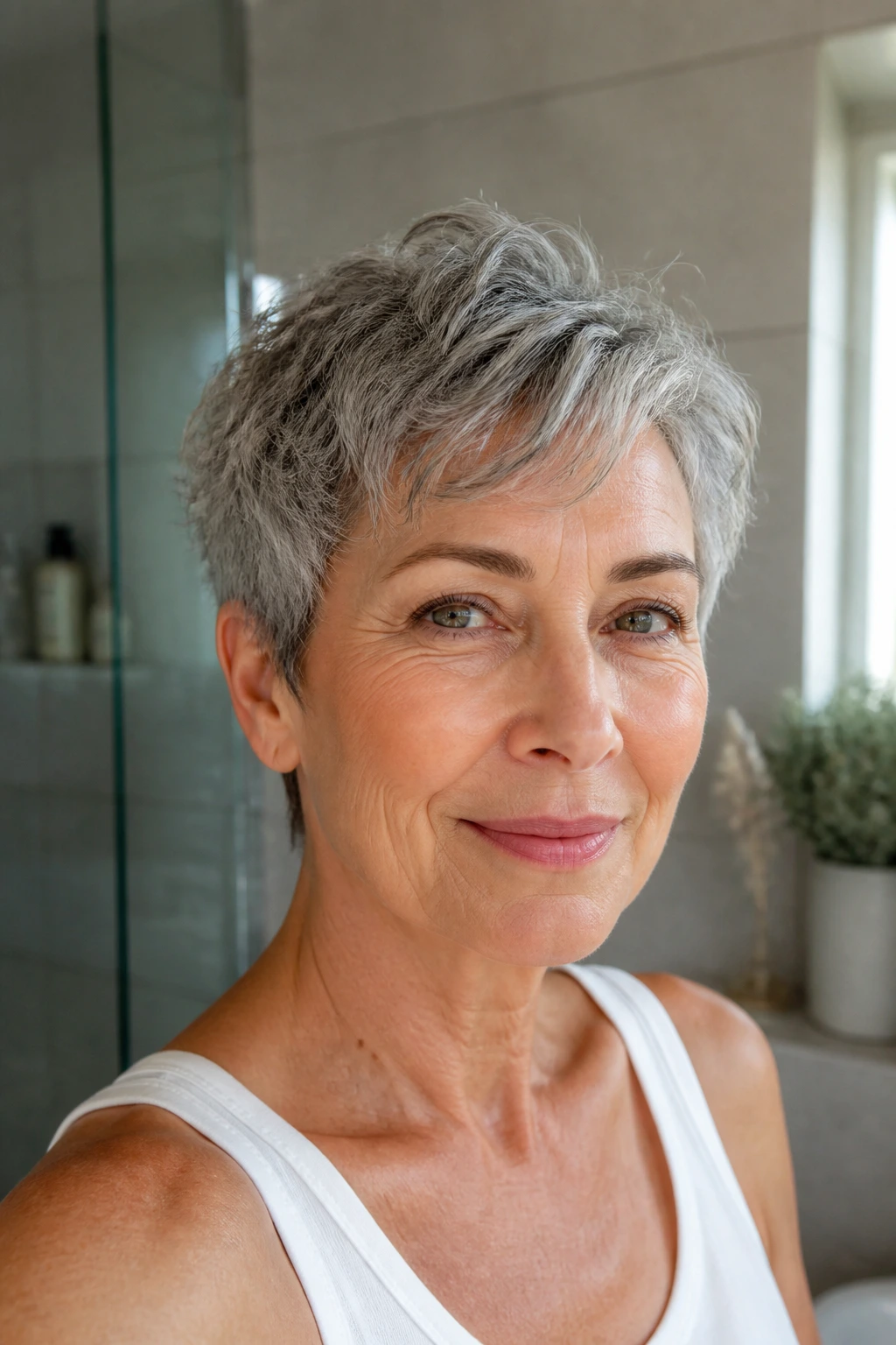 Close-up of a woman with a textured air-dry crop and natural waves