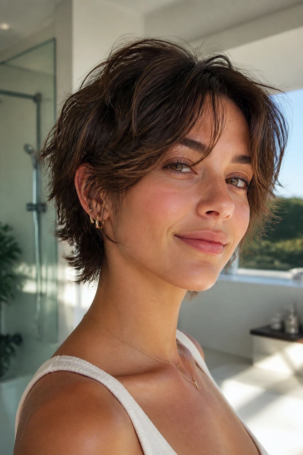 Close-up of a real person with an air-dry crop shag in bright light