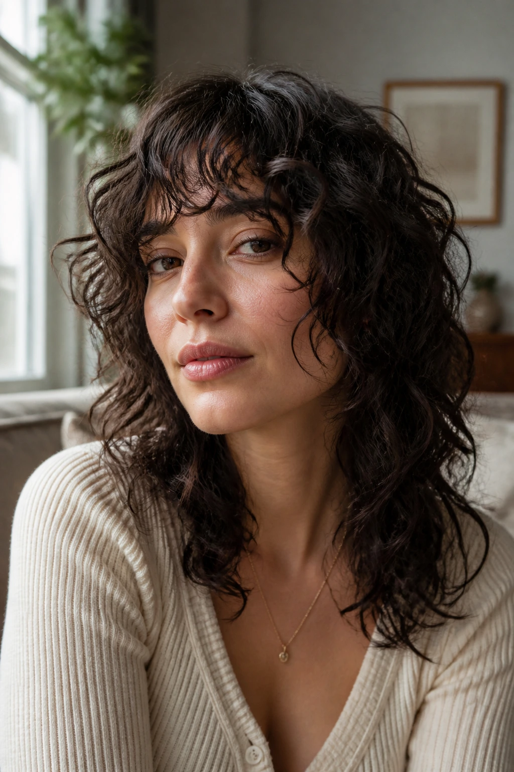 Close-up real woman with air-dried curly shag and soft separation