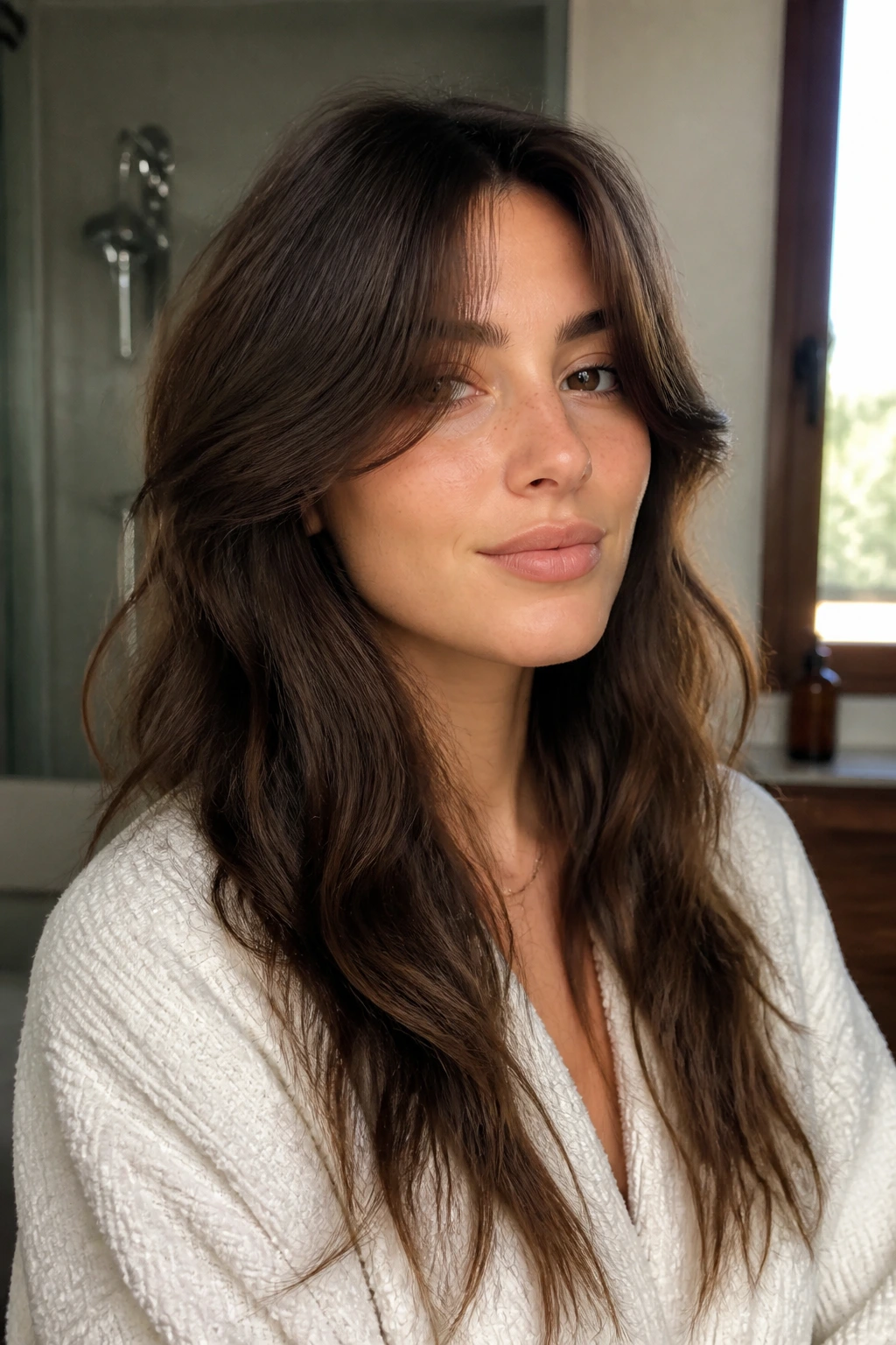 Woman with air-dry curtain fringe framing face