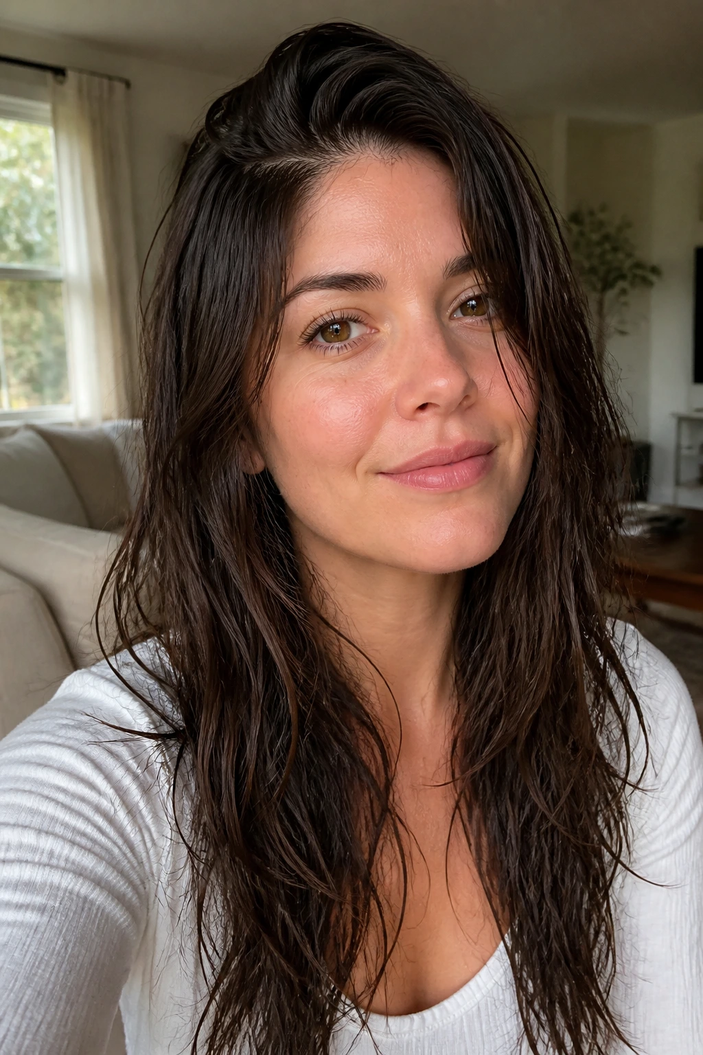 Close-up of a real woman with front pieces settling naturally after air-drying