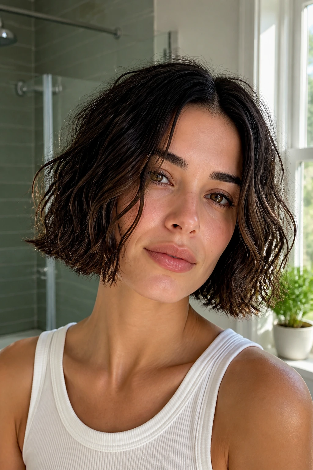 Portrait of a woman with a center-parted chin-length wavy bob during styling