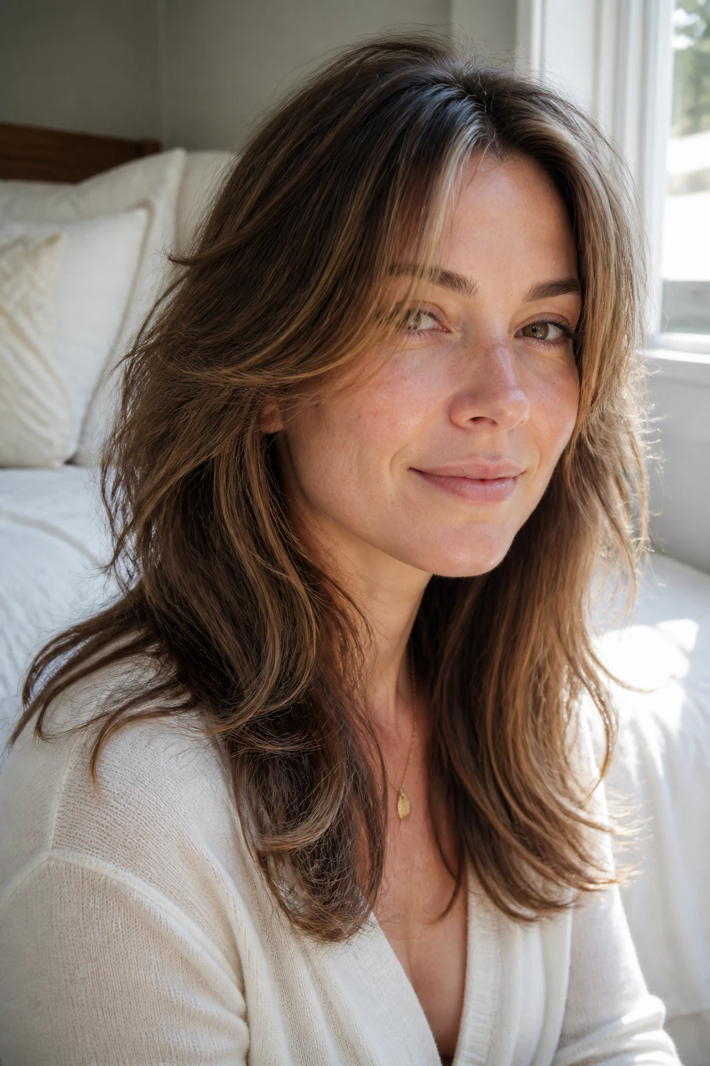 Woman with air-dry feathering showing natural texture in medium hair