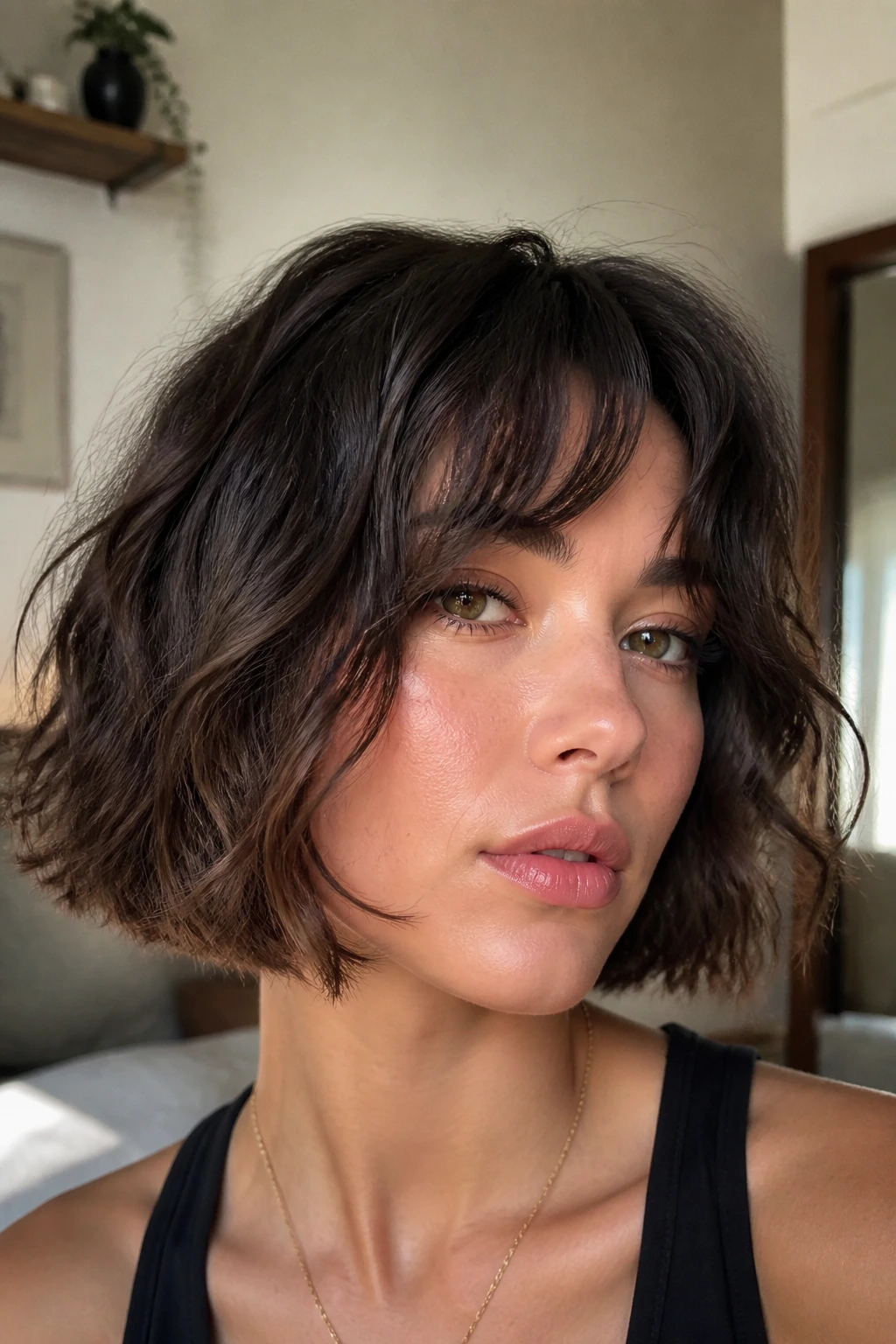 Close up portrait of a real woman with air-dried French bob and natural wave