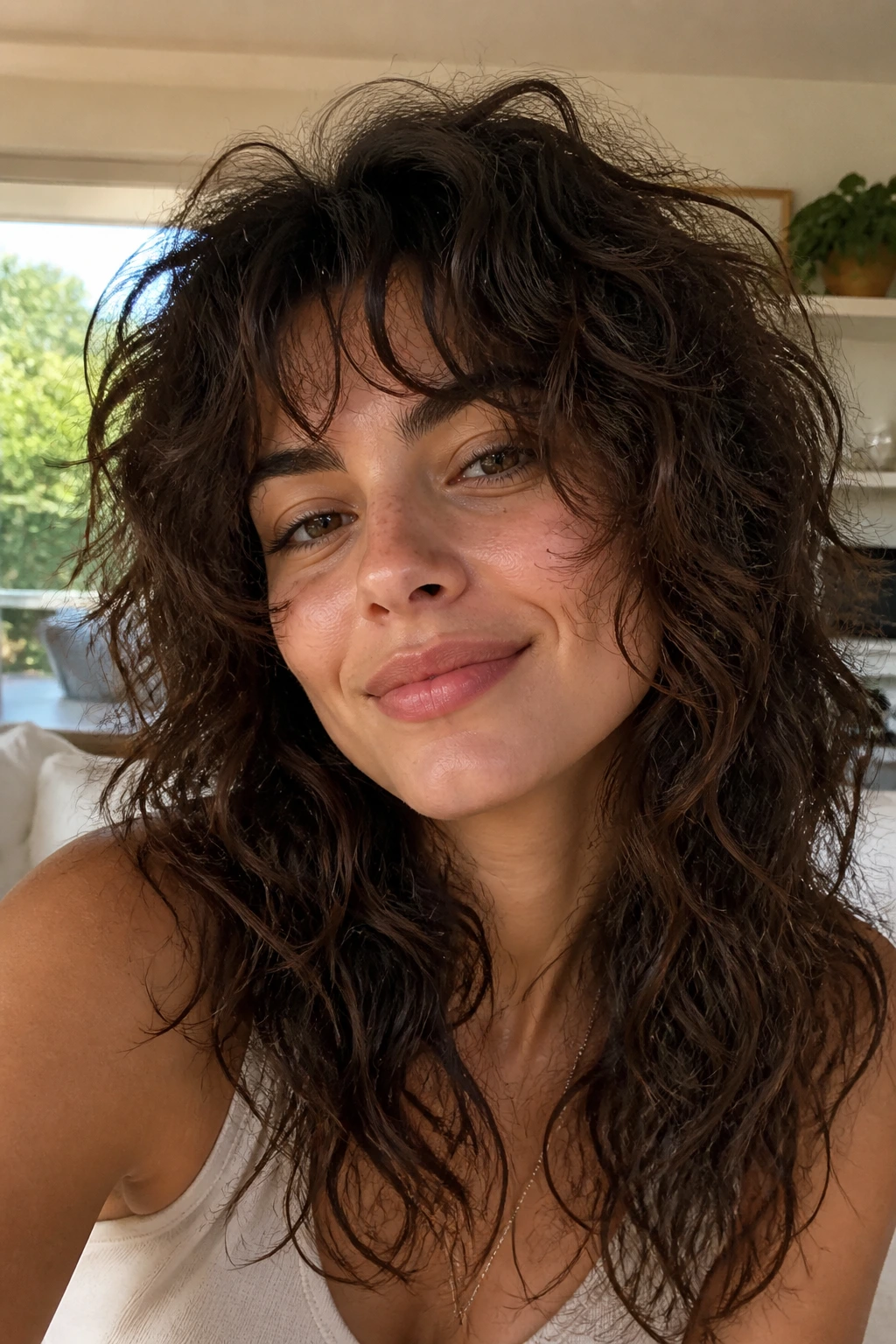Close-up portrait of a real woman with air-dry friendly shag and loose curls