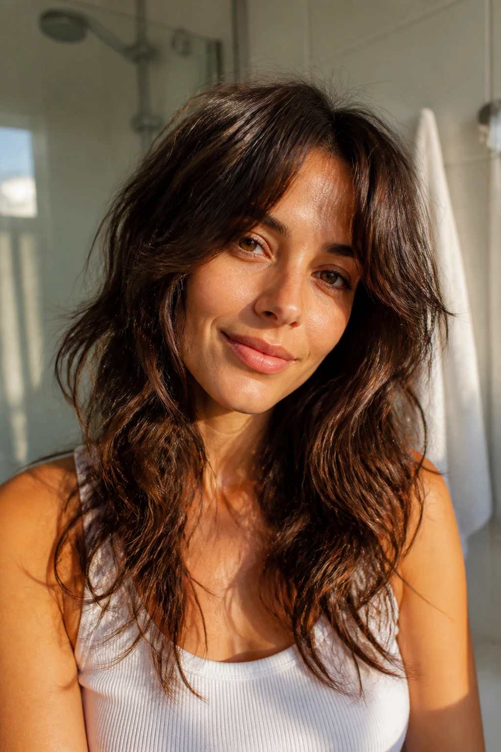 Close-up portrait of a real woman with an air-dry friendly shag showing crown lift and natural-framing pieces