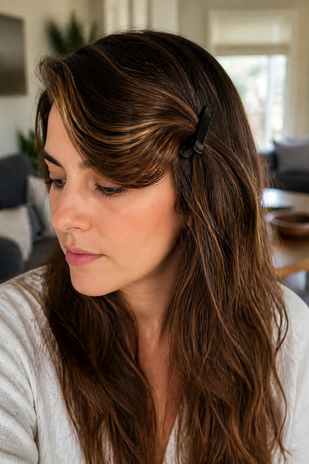 Real woman with air-dried bend sweep fringe clipped in place in a cozy room