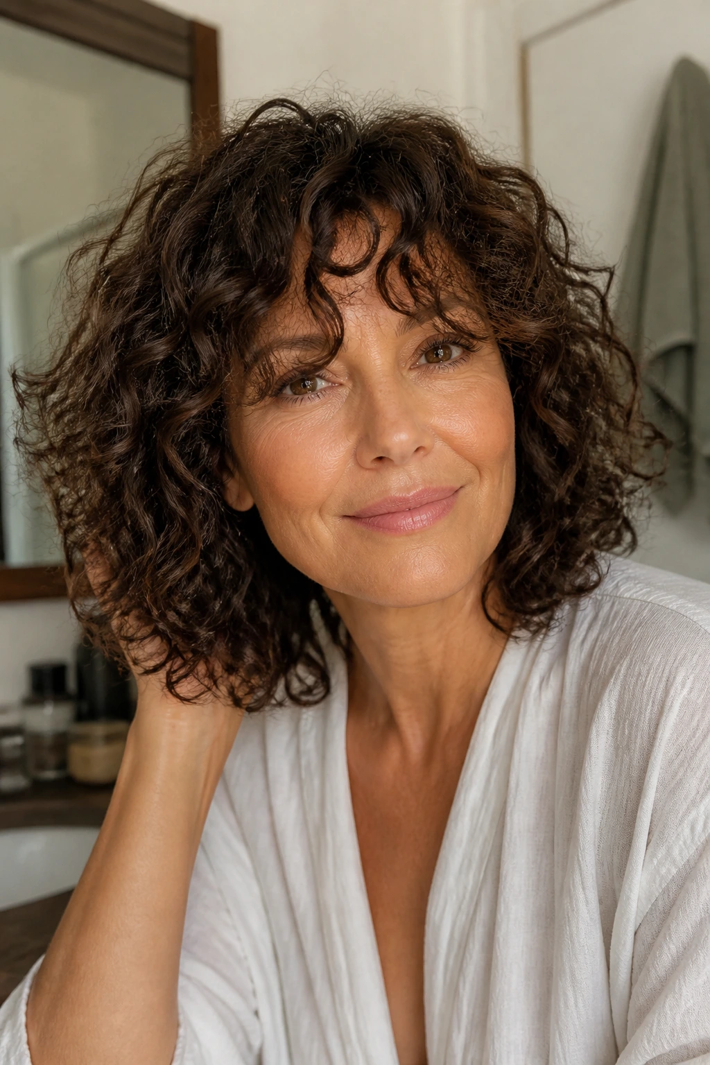 Close-up of an air-dry fringe following curl pattern on a real person