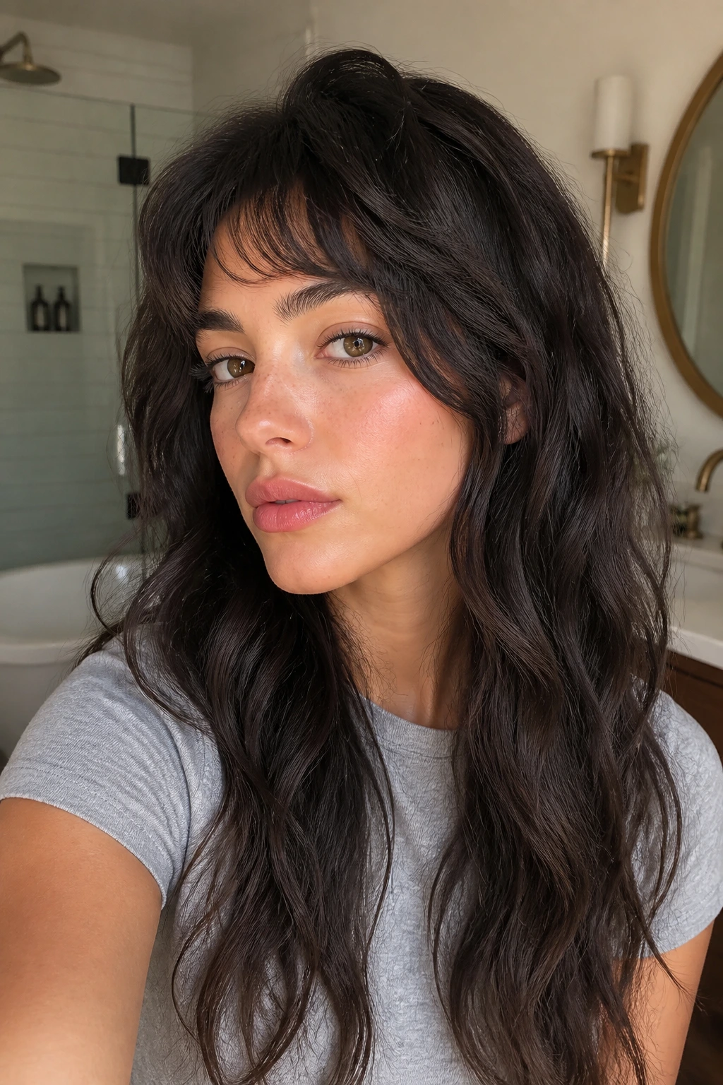 Portrait of woman with air-dry fringe and long sides