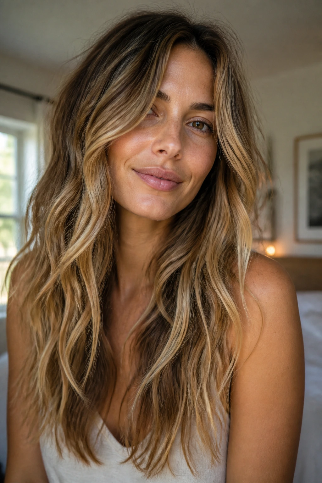 Close-up portrait of a woman with air-dried layered hairstyle and soft face-framing layers, in a sunlit bedroom
