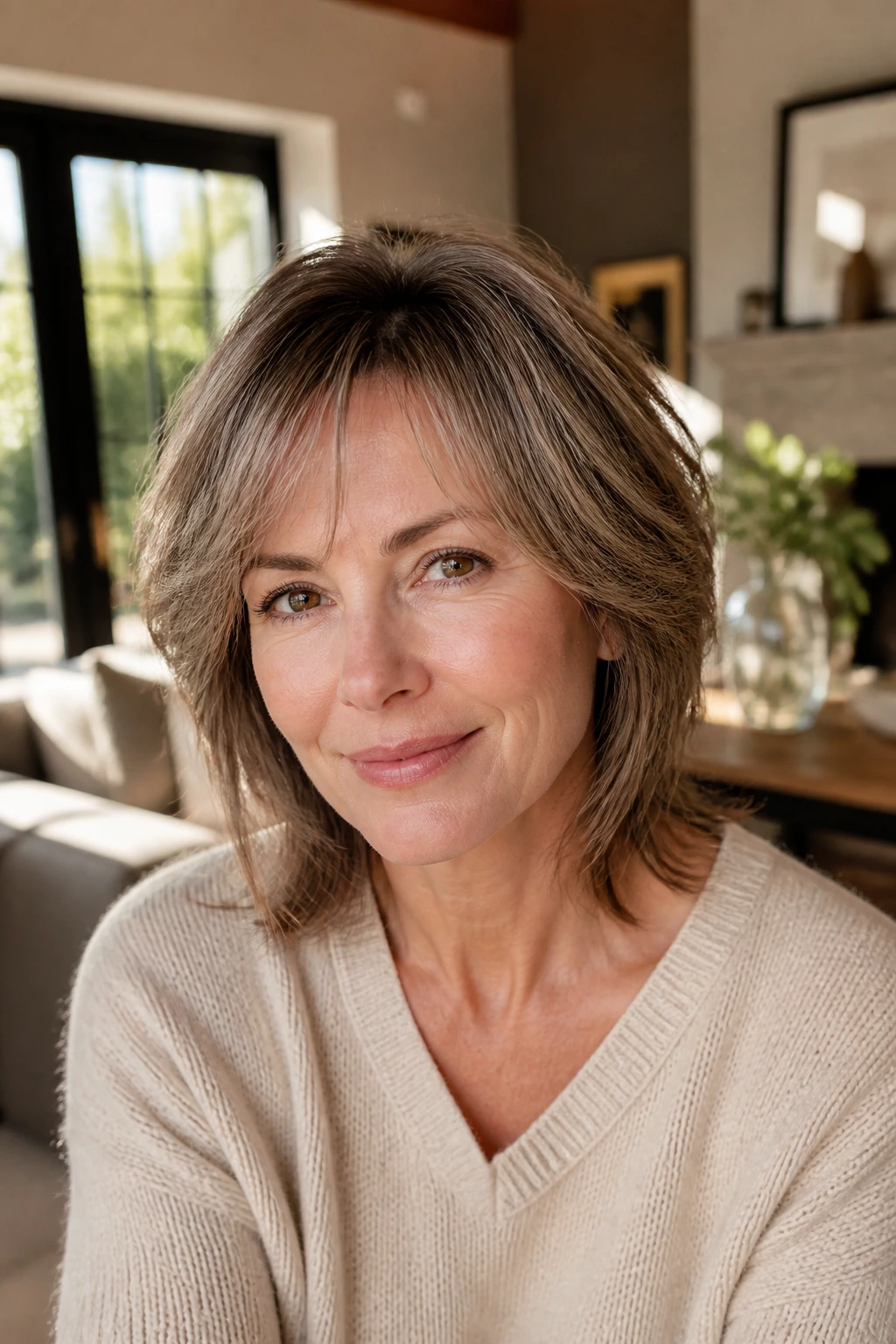 Portrait of a woman with air-dry shape hairstyle showing soft layers and perimeter