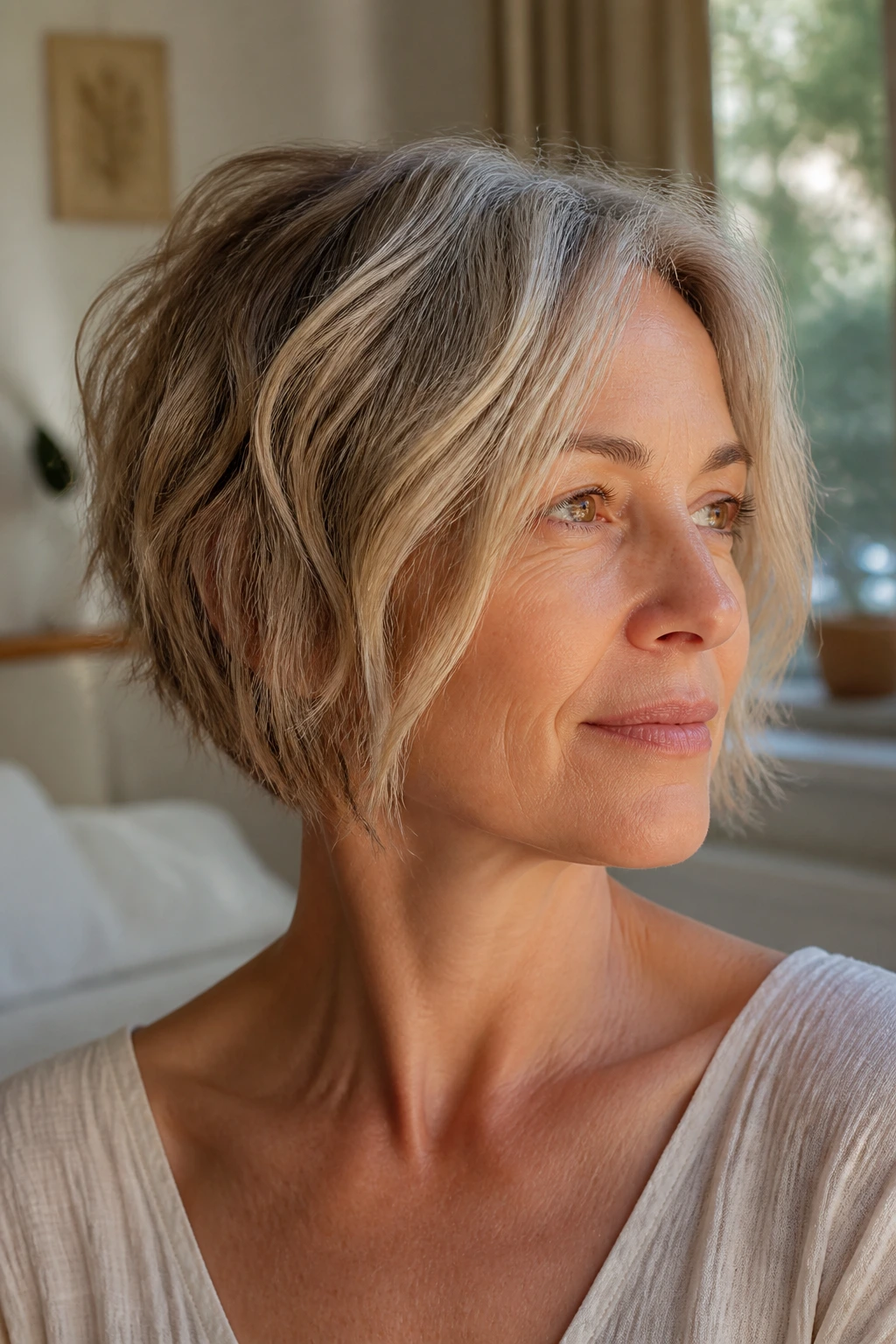 Close-up of a real woman with an air-dry inverted bob in a natural home setting