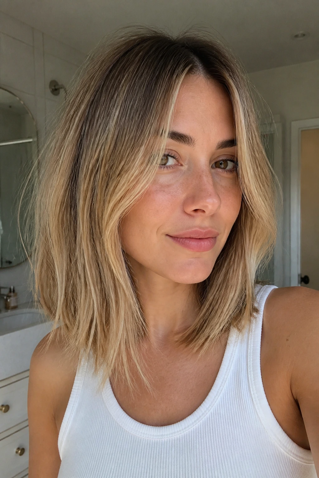 Close-up portrait of a real woman with air-dry layered lob and flat roots.