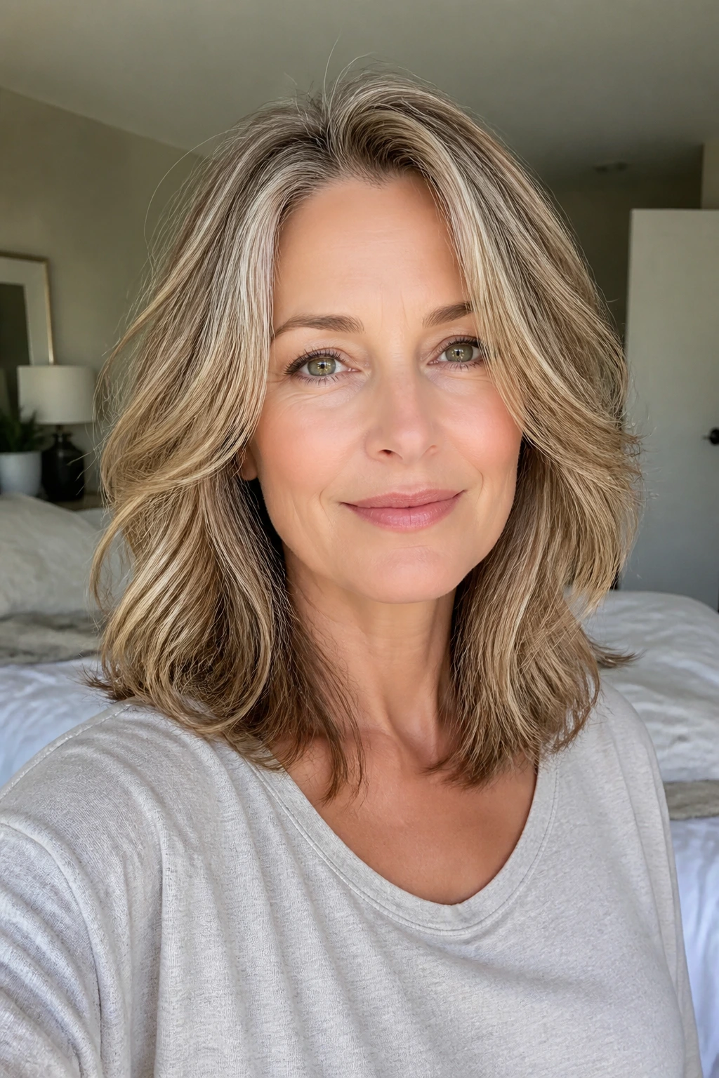 Portrait of a real woman with air-dry layered hair in a bright bedroom