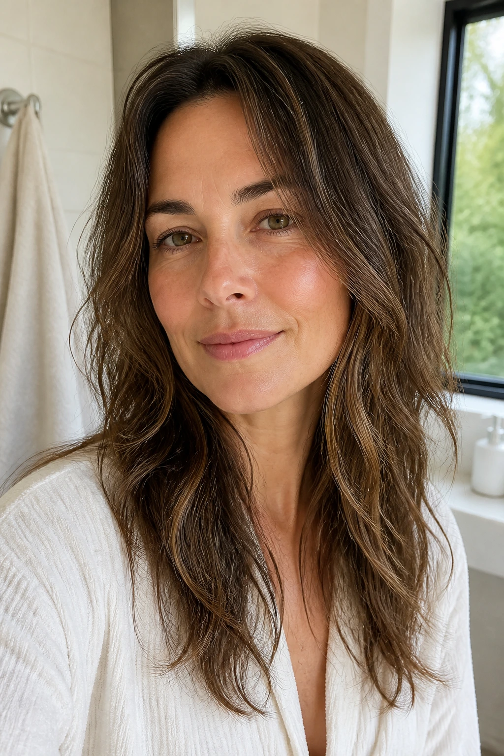 Close-up of a real woman with damp air-dried layers