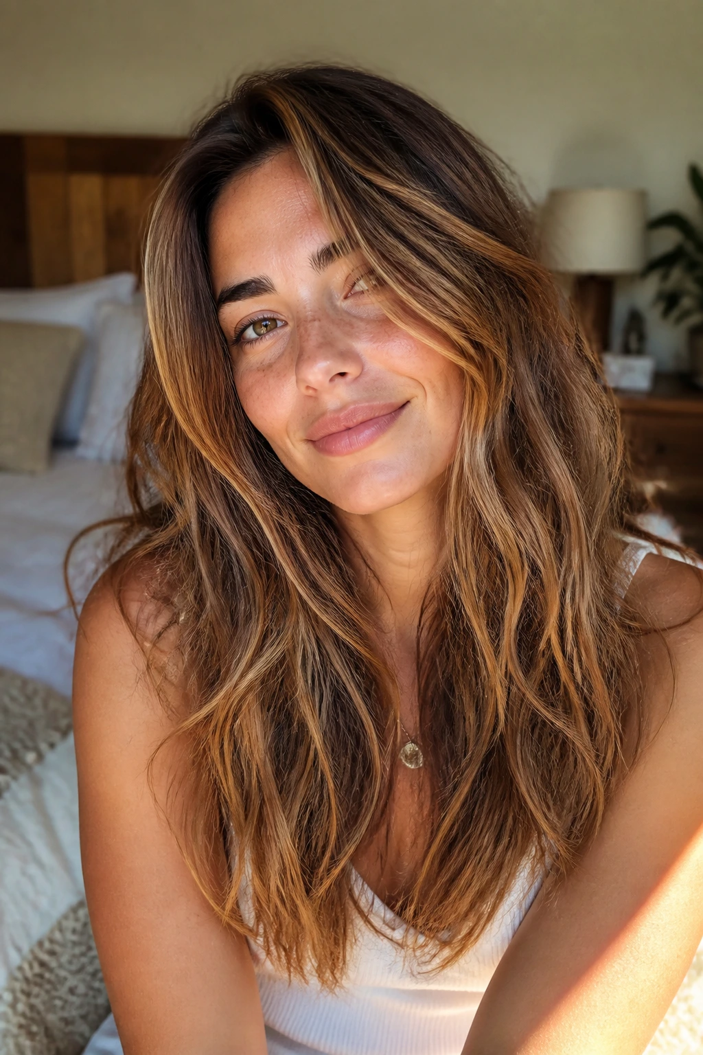 Close-up of a woman with air-dried layers and sun-kissed honey ribbons in natural light
