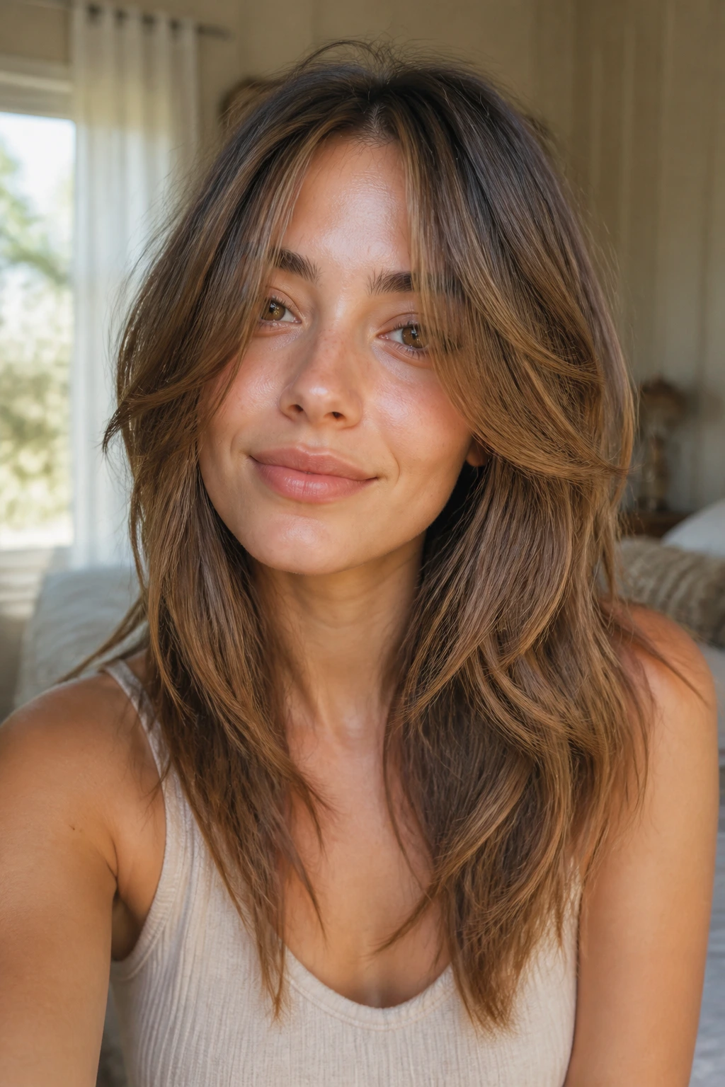 Portrait of a real woman with soft, air-dry friendly layers.