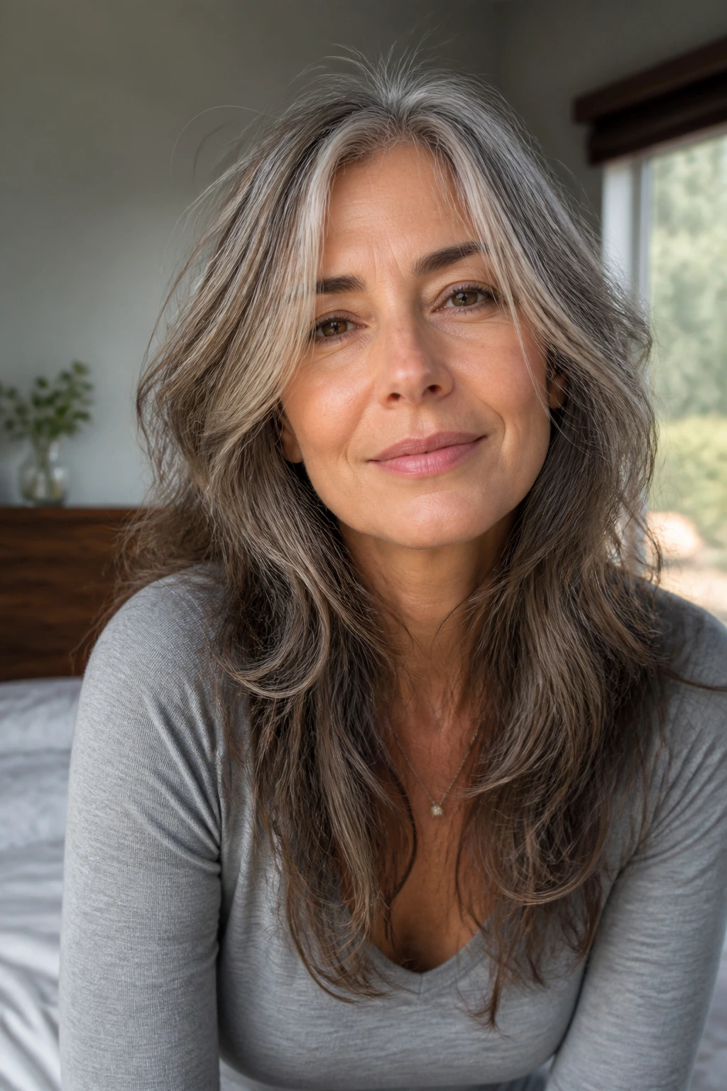 Portrait of a real woman with natural texture and air-dry layers in morning light.