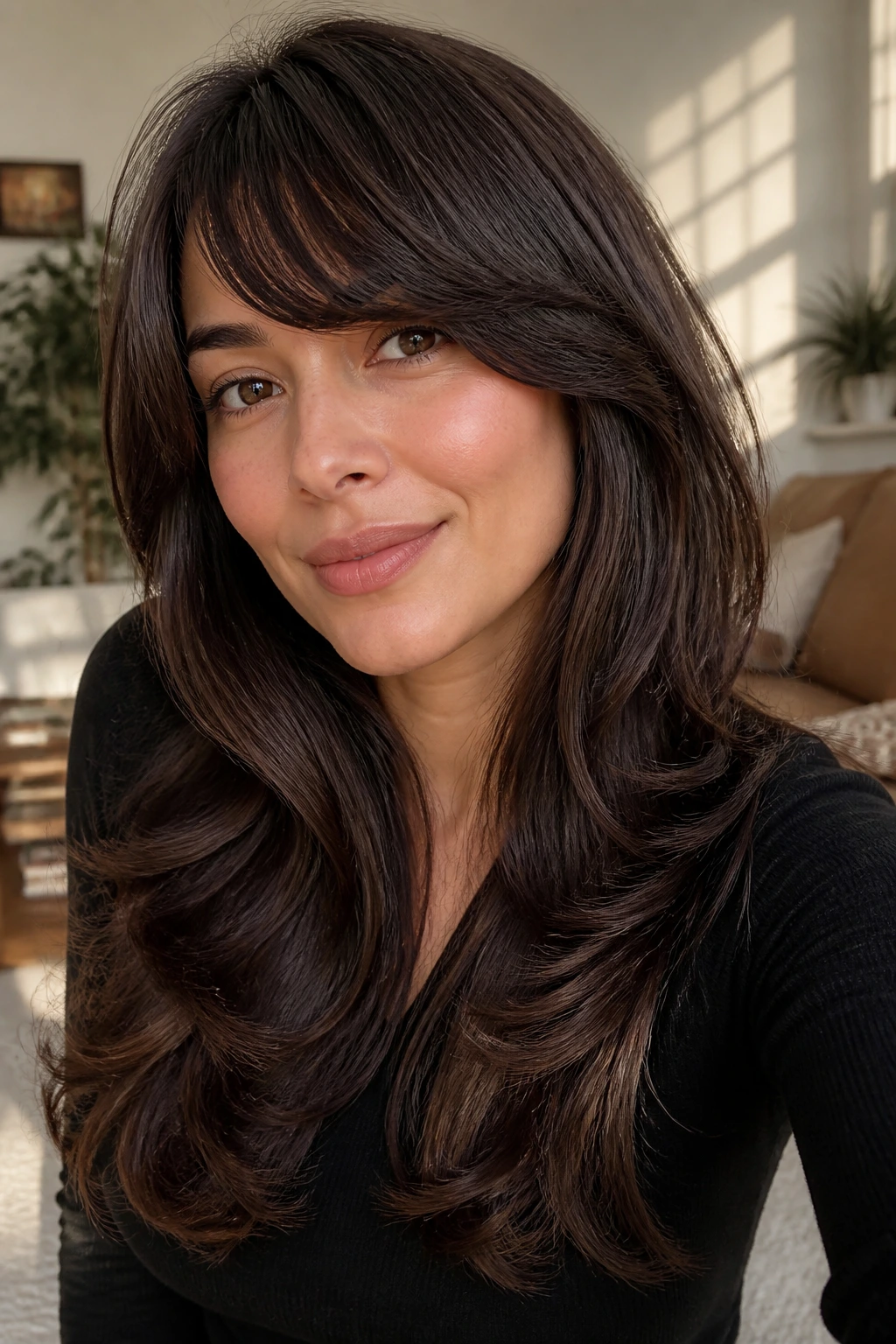 Close-up portrait: real woman with long air-dry layers and soft side fringe