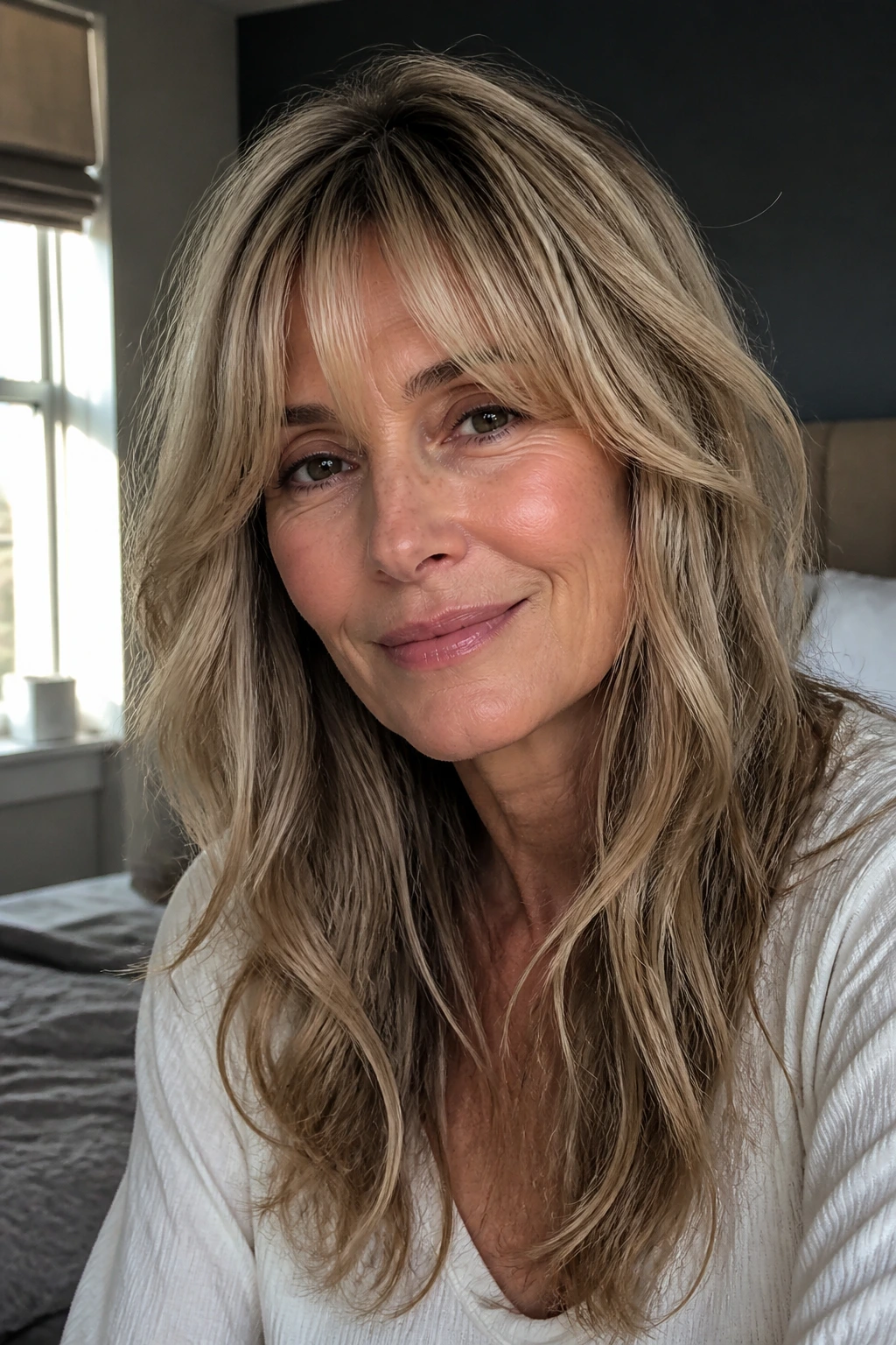 Close-up of a real woman with air-dry layers and a soft split bang in morning light