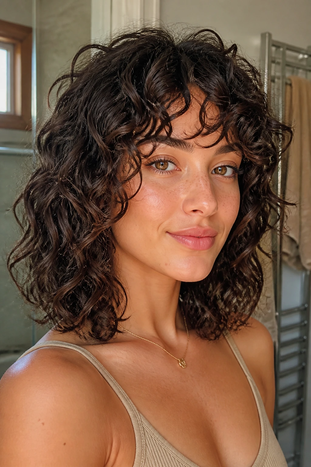 Close-up of a real woman with an air-dried shoulder-length lob and a long curly fringe