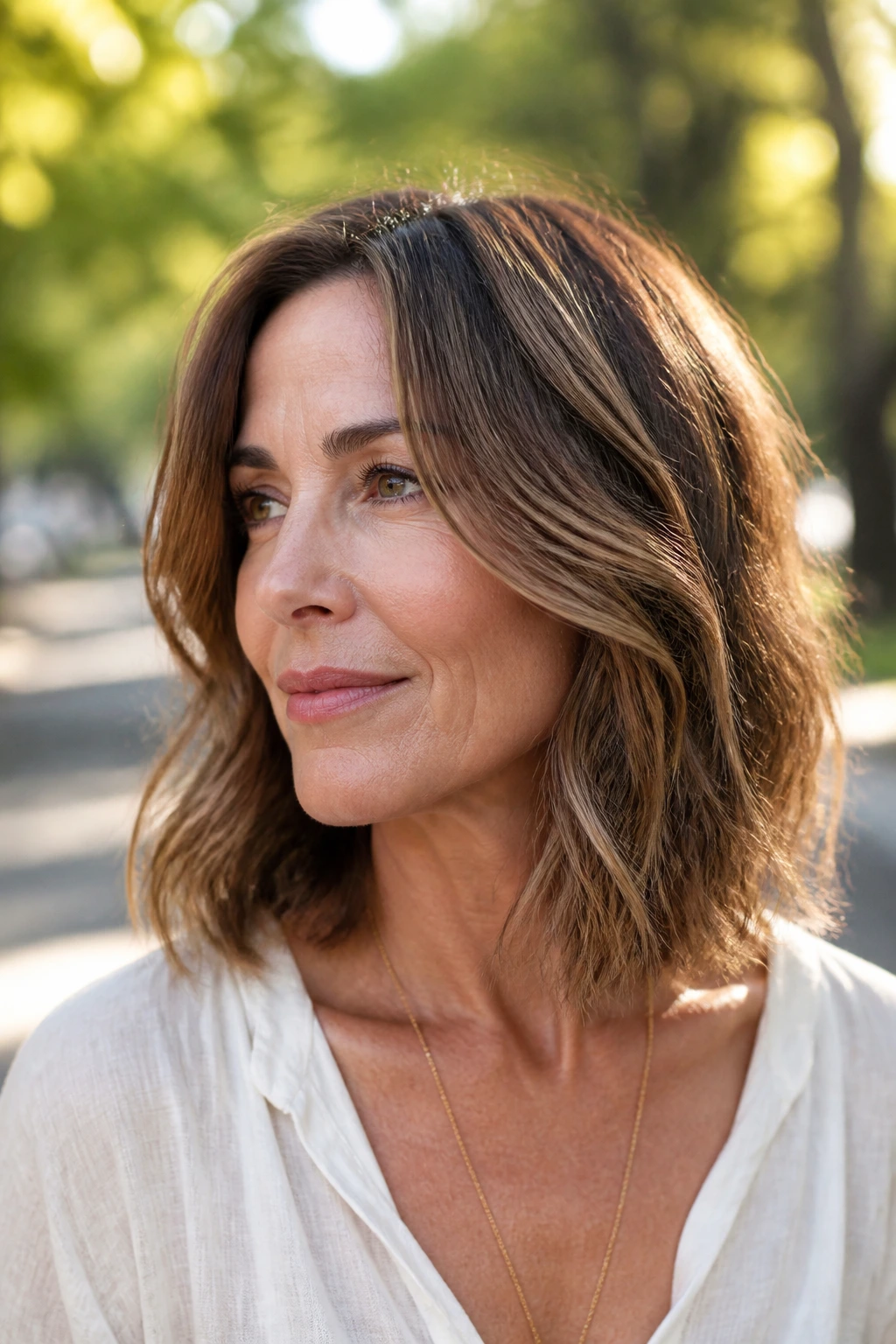 Close-up of a real woman with an air-dry lob and natural waves
