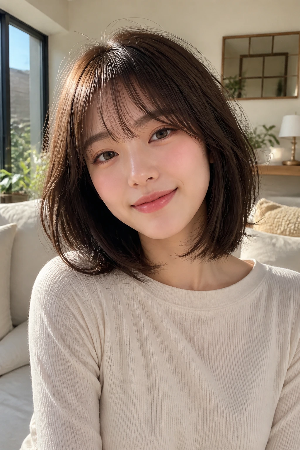 Woman with airy air-dry lob showing natural movement.