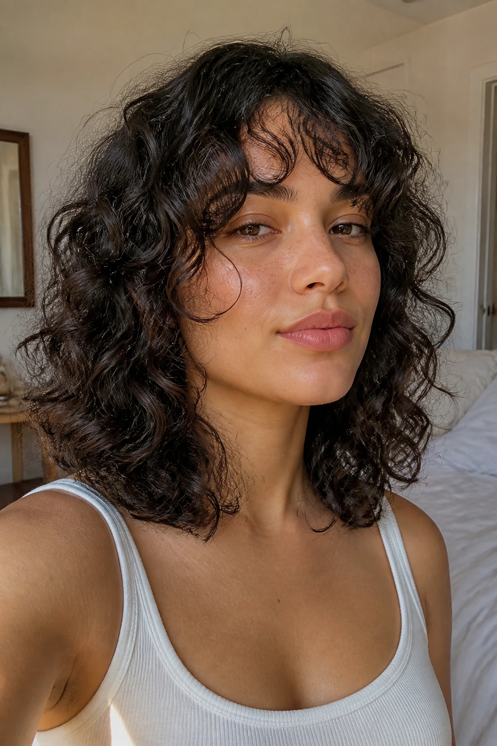 Close-up of a real person with air-dried lob and low-fuss layers
