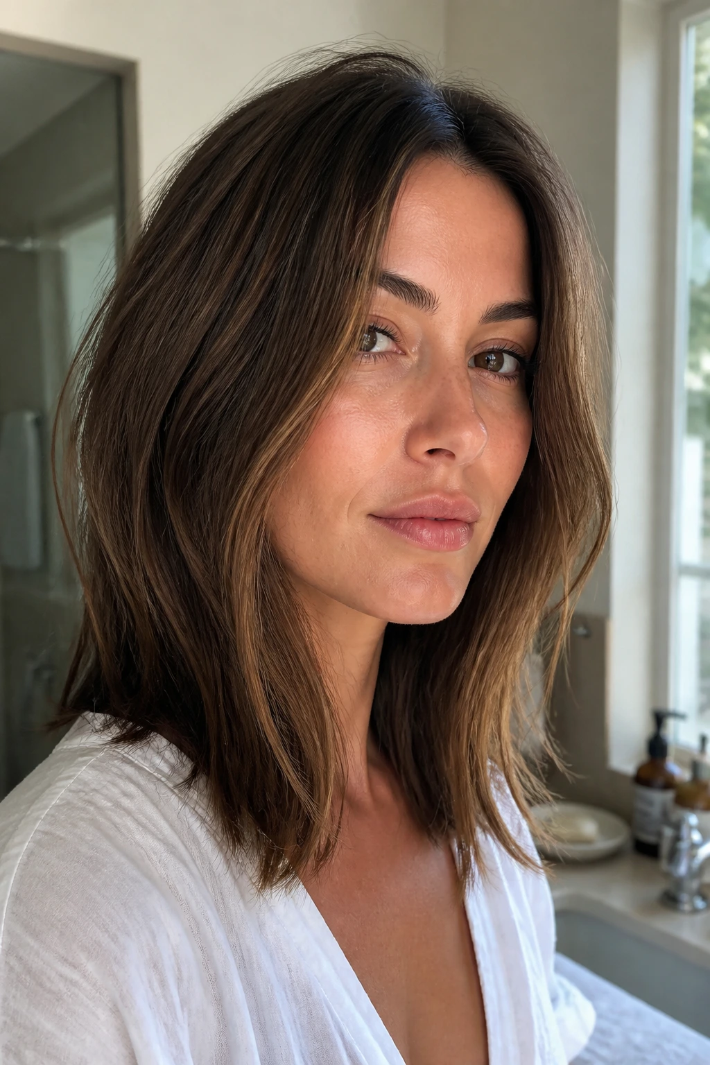 Close-up of a real woman with an air-dry lob featuring long front pieces