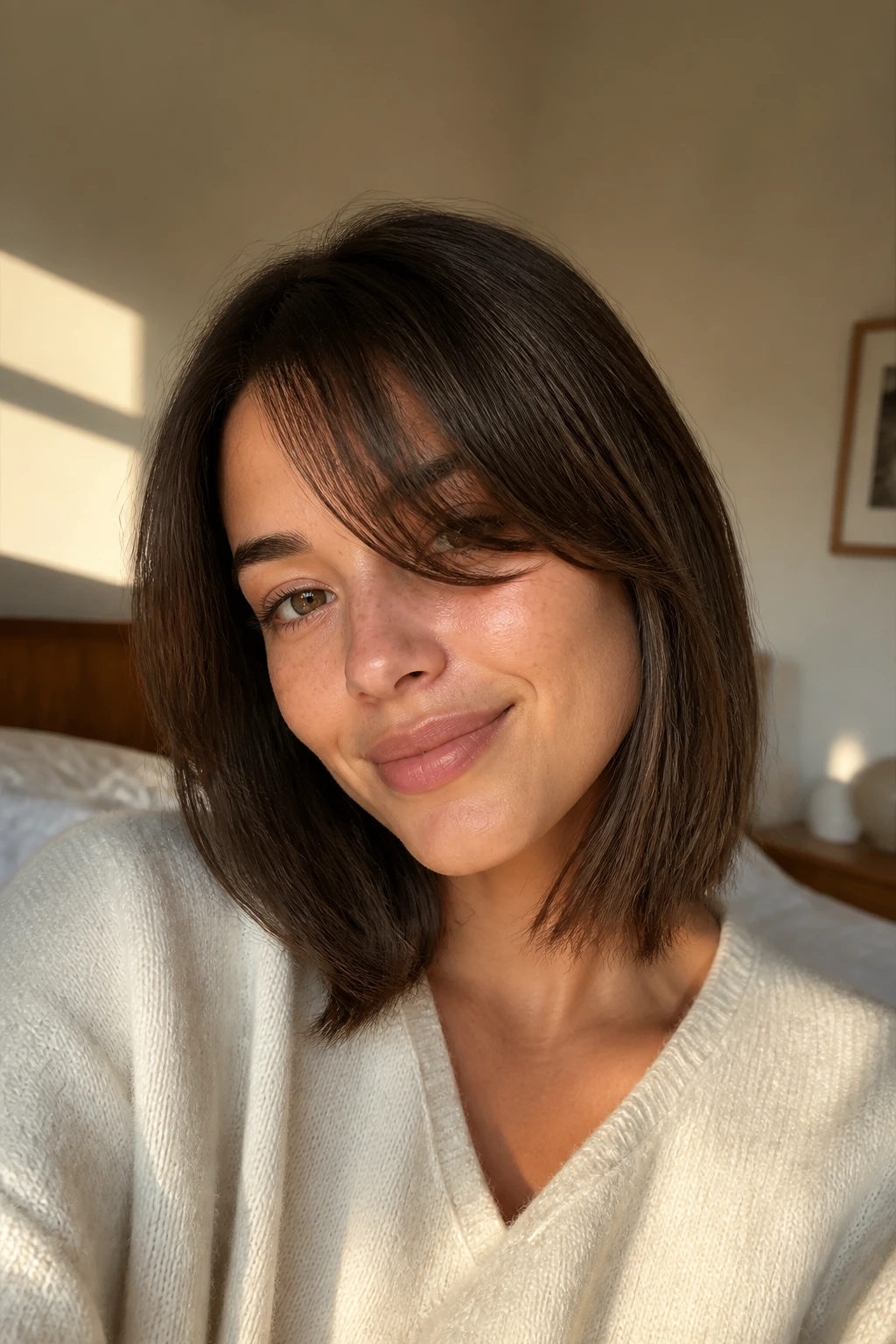 Portrait of a real person with an air-dry lob and minimal layers