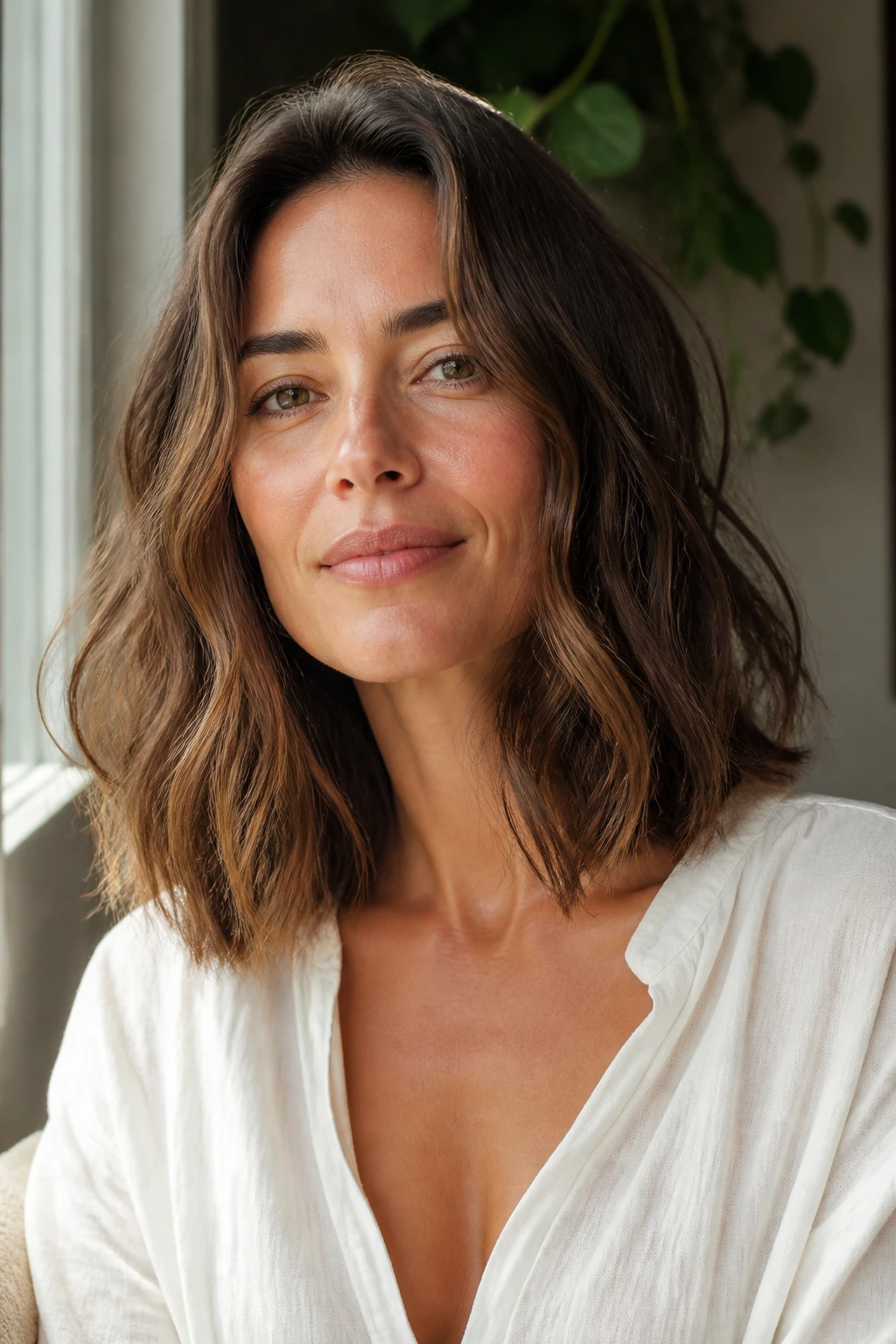 Portrait of woman with an air-dry lob and natural waves