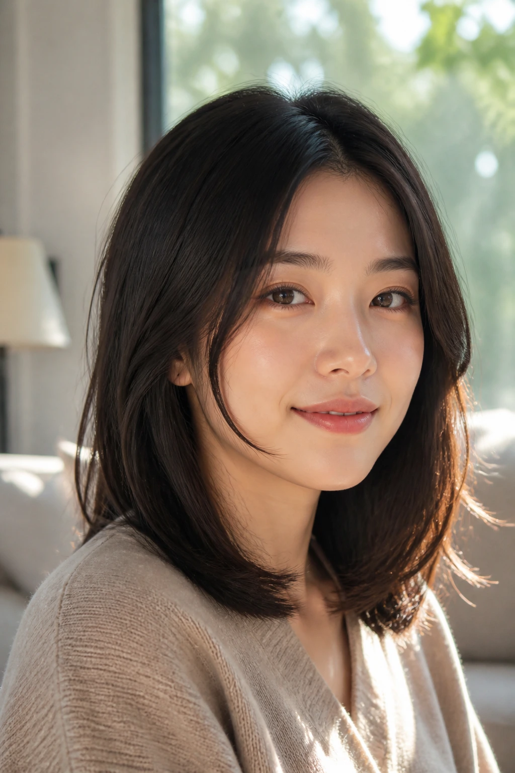 Close-up of a real woman with an air-dry lob that holds shape and soft front pieces.