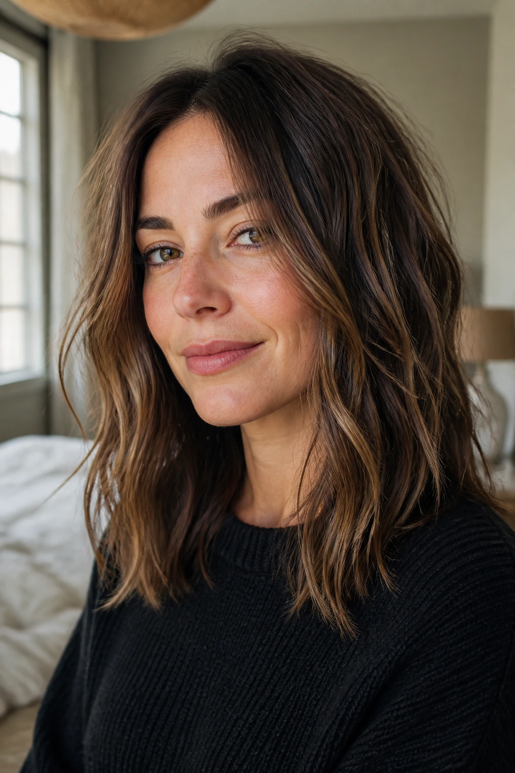Close-up of a real woman with a long air-dry lob and natural waves