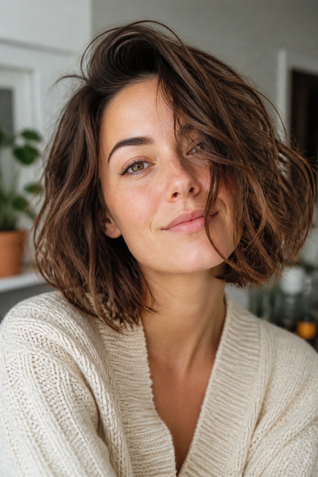 Portrait of a real woman with an air-dry lob in a cozy home setting