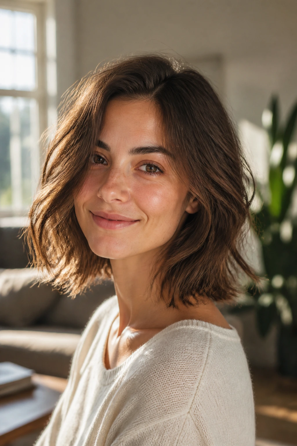 Real woman with air-dry lob hairstyle in a sunlit living room