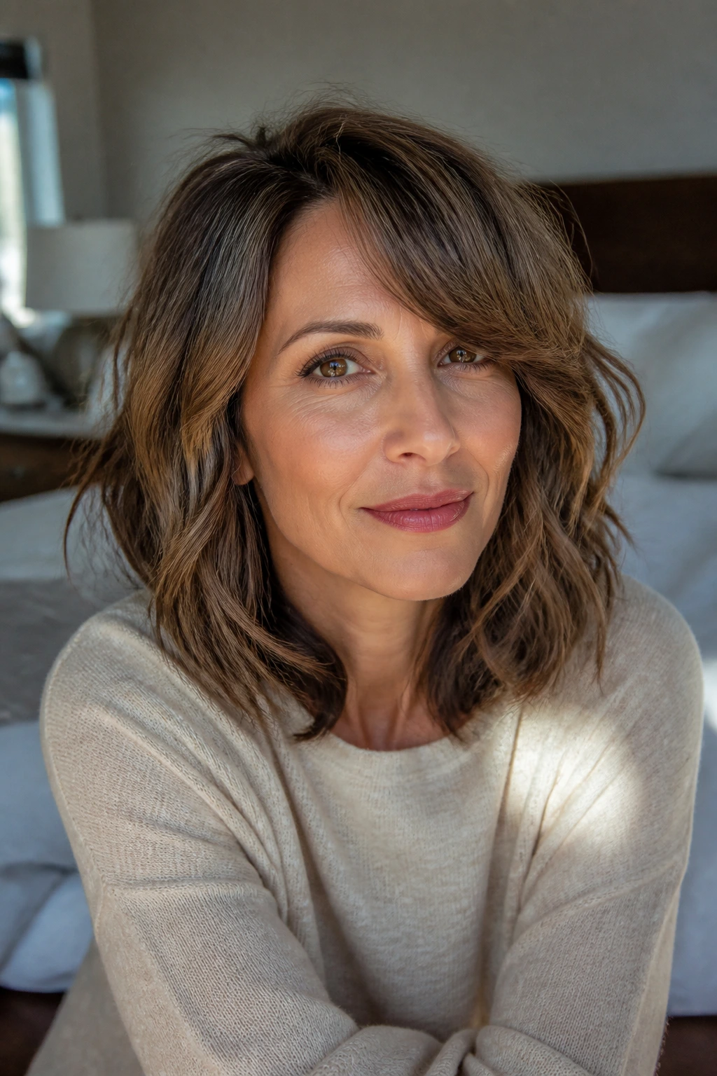 Medium close-up of a real woman with air-dry lob and easy wave pattern.
