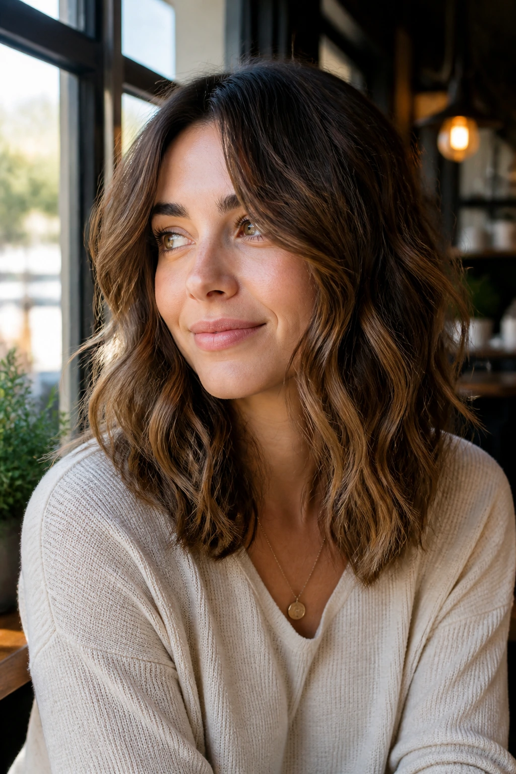 Close-up of a real woman with an air-dried wavy long lob in natural cafe light