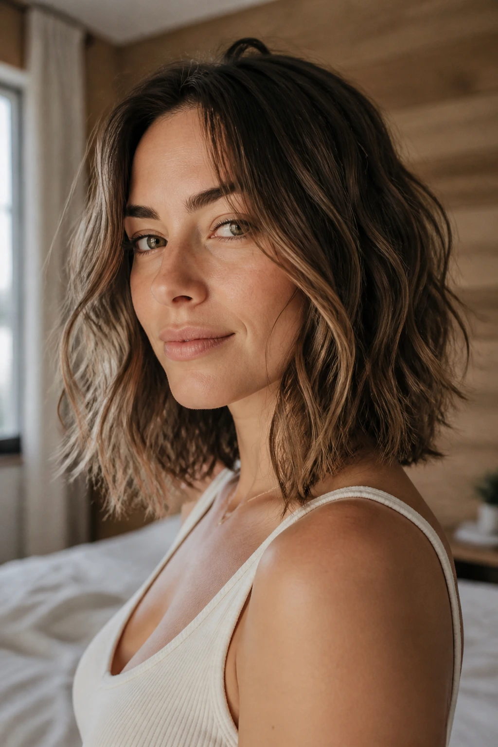 Real woman with air-dried collarbone-length lob and natural waves, portrait.