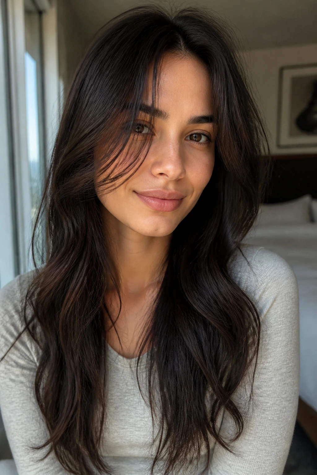 Close-up of long front layers framing the face and air-drying naturally.