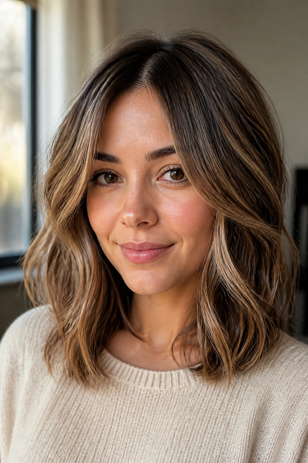 Close-up portrait of a person with a mid-length air-dry hairstyle and diffused caramel highlights
