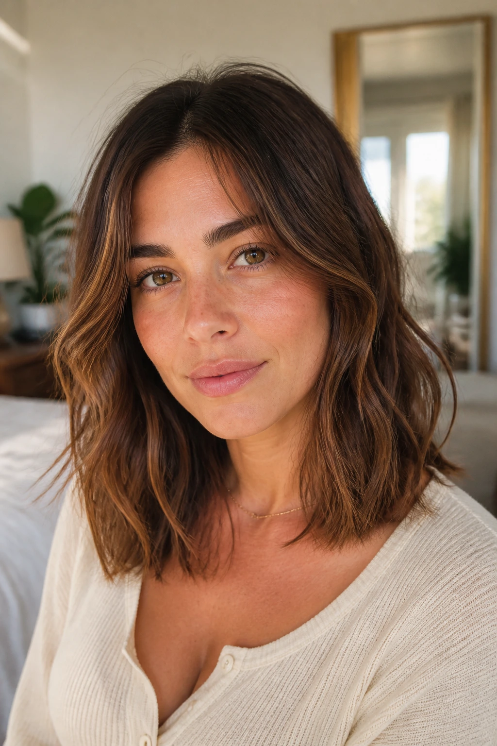 Portrait of a real person with air-dry midi waves and minimal layers