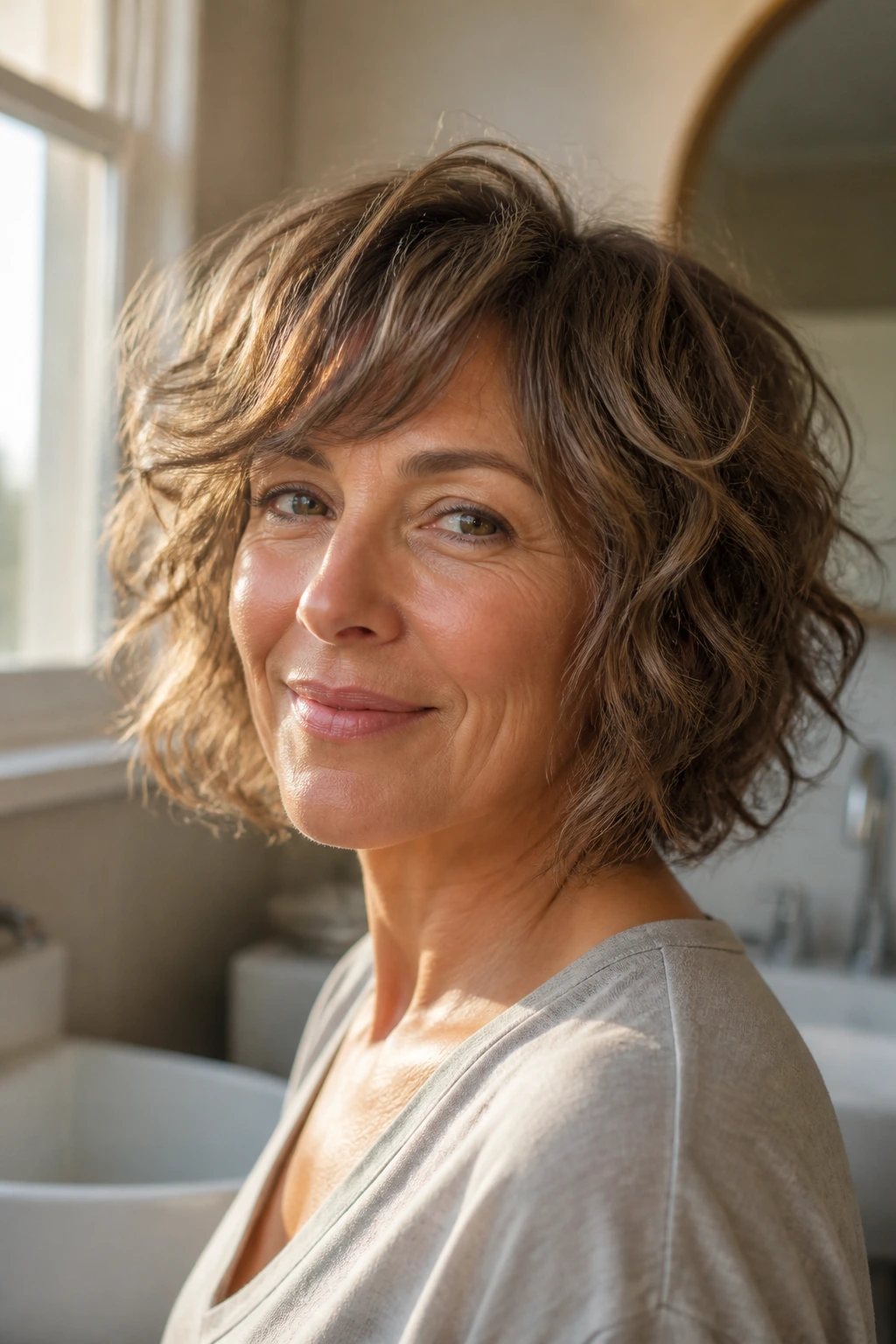 Close-up of a real woman with an air-dry shag bob in a sunlit bathroom.