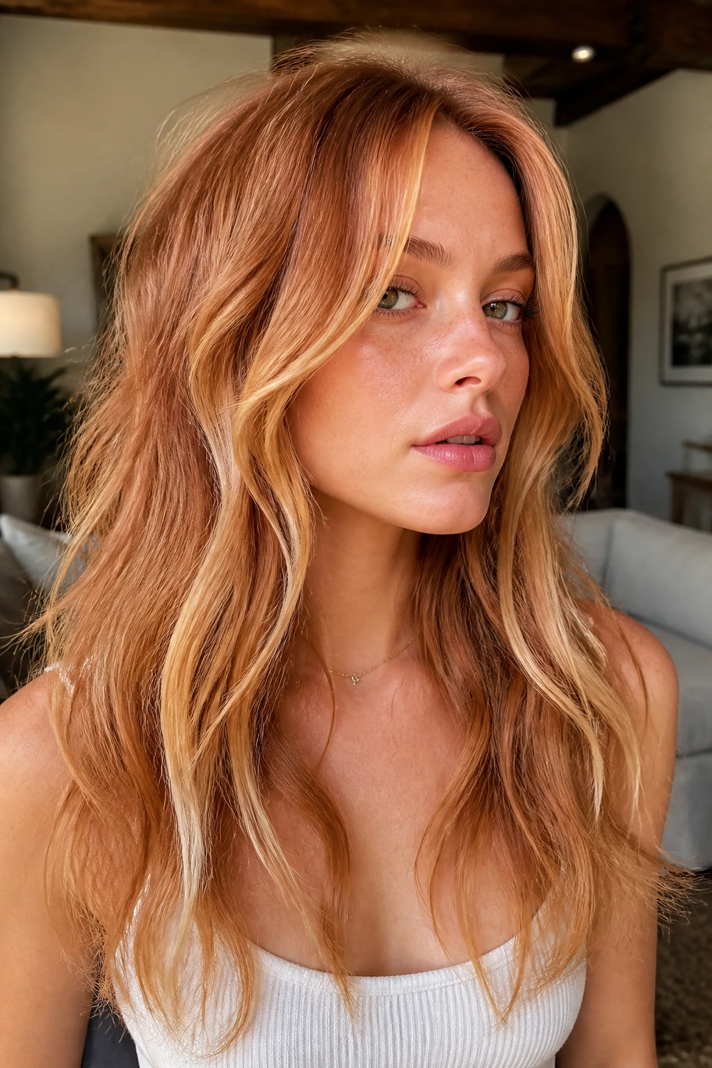 Real person with air-dry shag and face-framing ribbons in strawberry-blonde hair