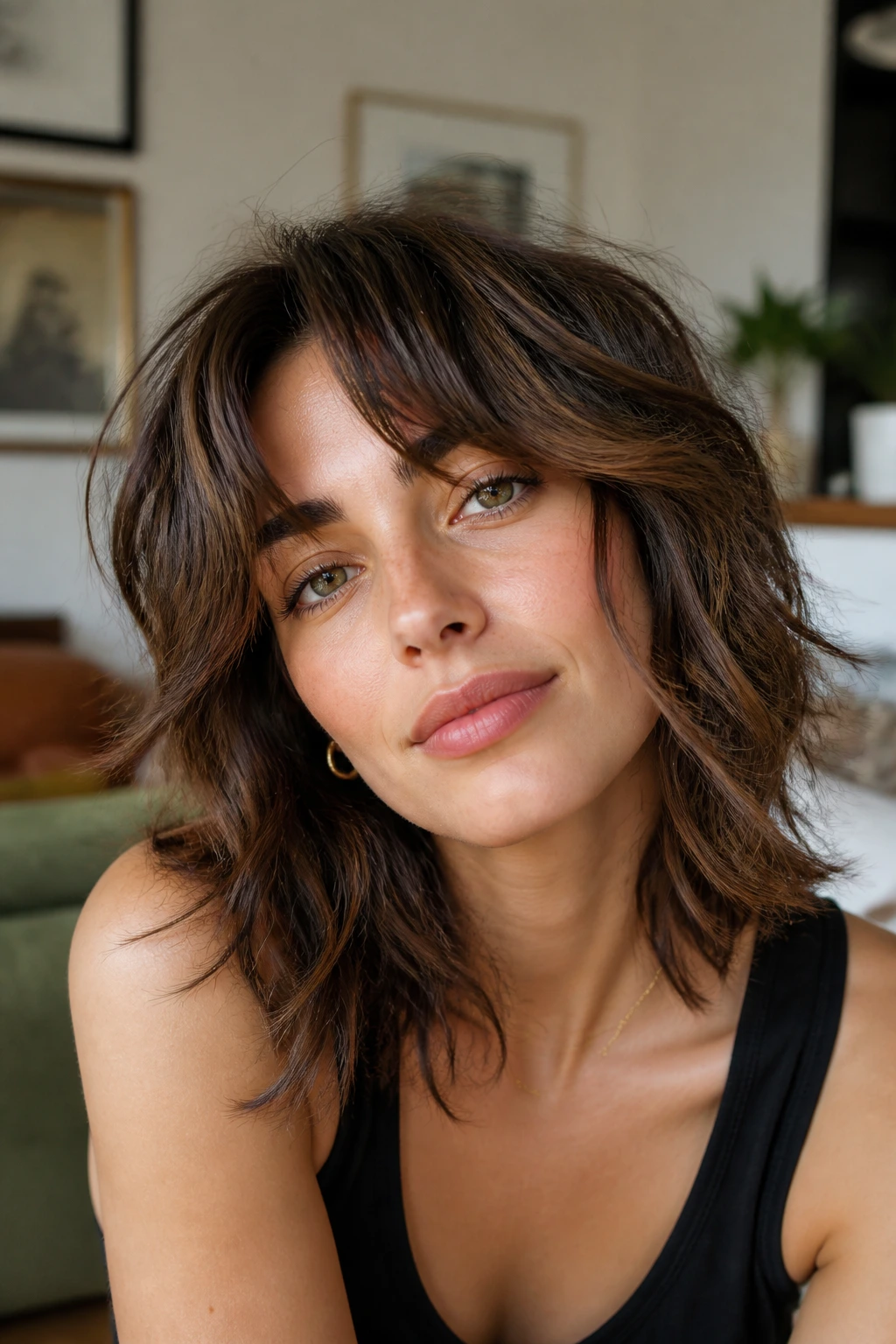 Portrait of a woman with defined air-dry shag and split curtain bangs in soft daylight