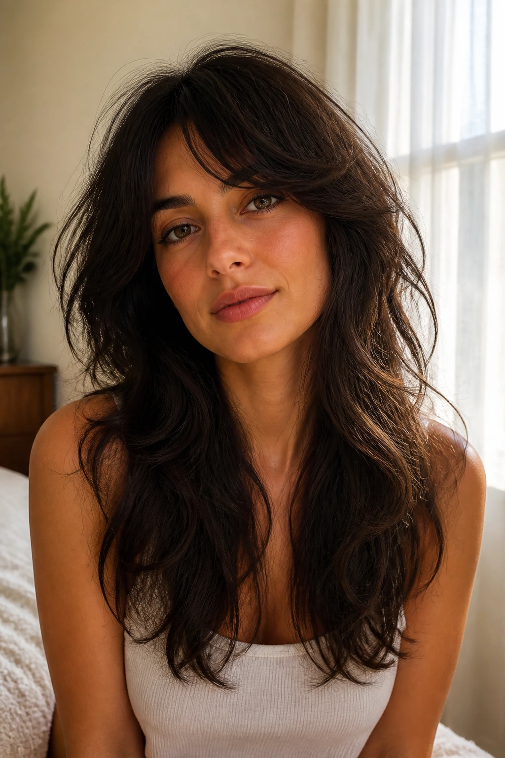 Close-up portrait of a real woman with air-dry shag hair and long soft layers.